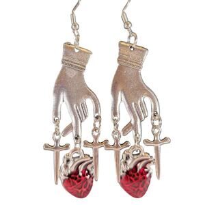 Gothic Hand Sword Heart Earrings Silver Tone Red Anatomical Heart Dangle 3.2"